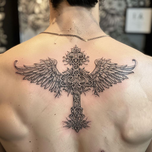 Ornate strength cross tattoo with angel wings