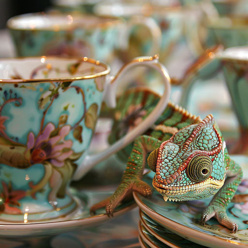 A chameleon at a tea party, blending into the intricate designs of the porcelain teacups.