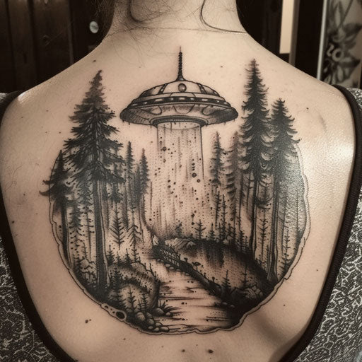 Gothic UFO tattoo in haunted forest