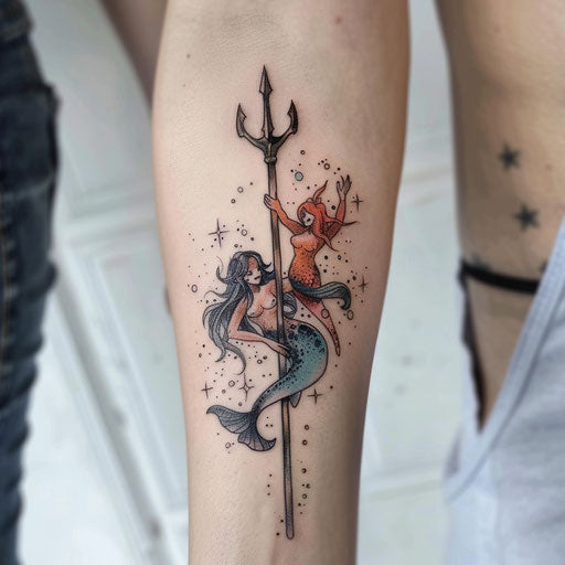 Whimsical trident tattoo with fantasy creatures on white background