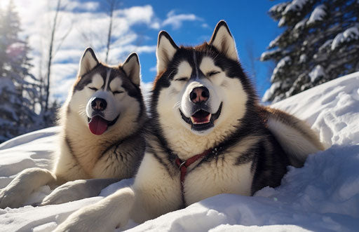 Huskies on a snowy hill, light maroon and dark gray style