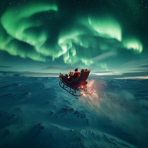 Magical flight with Santa, sleigh lit by northern lights