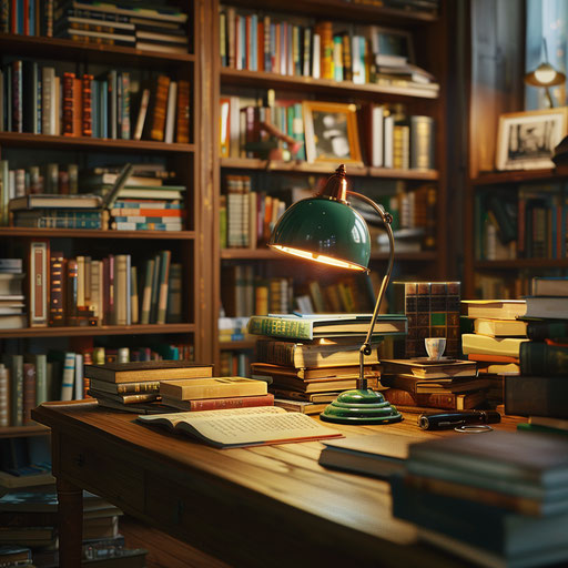 Book-scented study, bookshelves full of all kinds of books, copper green lamp on desk, side view, Holography, soft focus photography, mosaic style, 16k, hyper quality