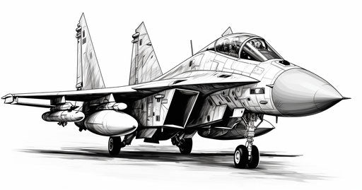 Drawing of military fighter jet, meticulous inking, Soviet captivation