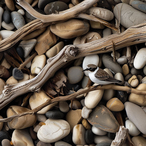 A western snowy plover camouflaged among pebbles and driftwood