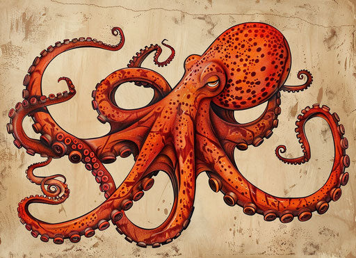 Realistic red octopus, necronomicon style, ocean academia