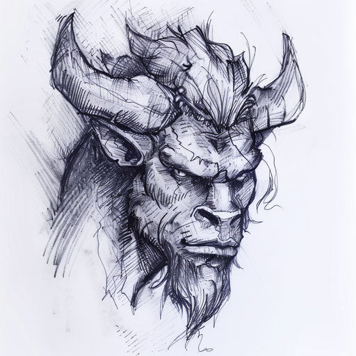 Artistic depiction of the Minotaur in bold tattoo sketch