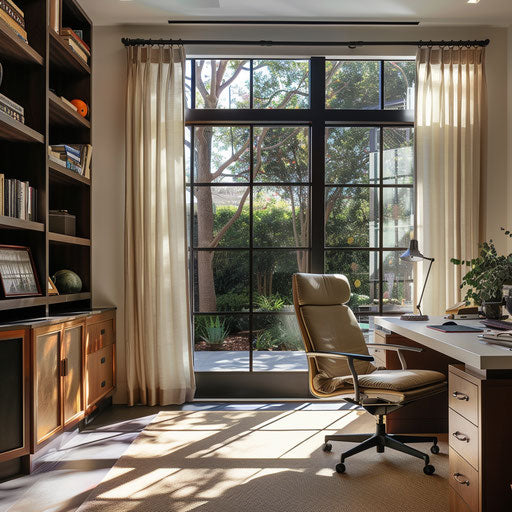 Serene home office with large window and organized workspace