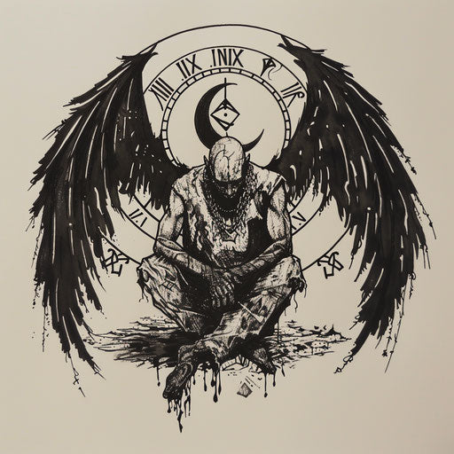 Flat tattoo sketch of Lucifer encircled by ancient occult symbols