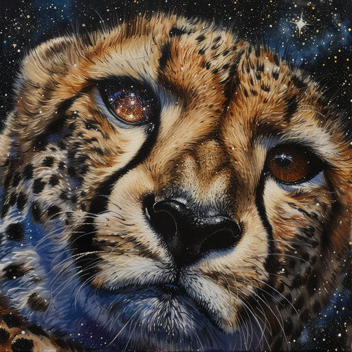 Close-up portrait of a cheetah with universe-reflected eyes