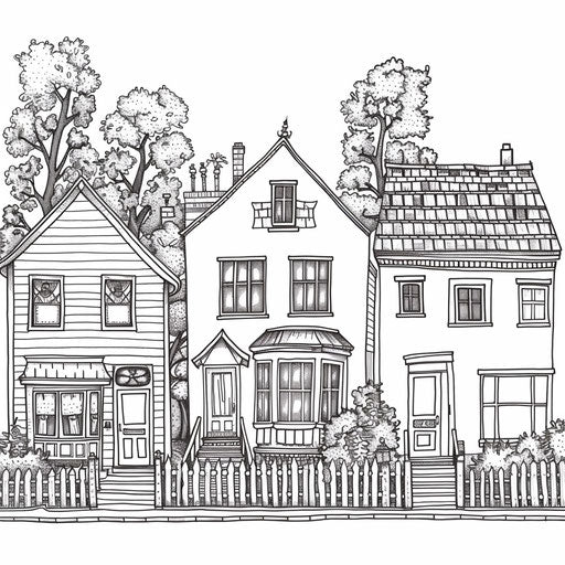 Row of cute houses with trees and picket fence