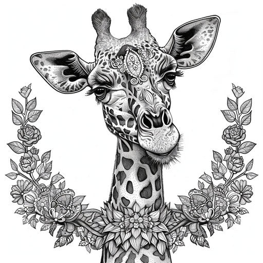 Ornate baroque giraffe with intricate details coloring page
