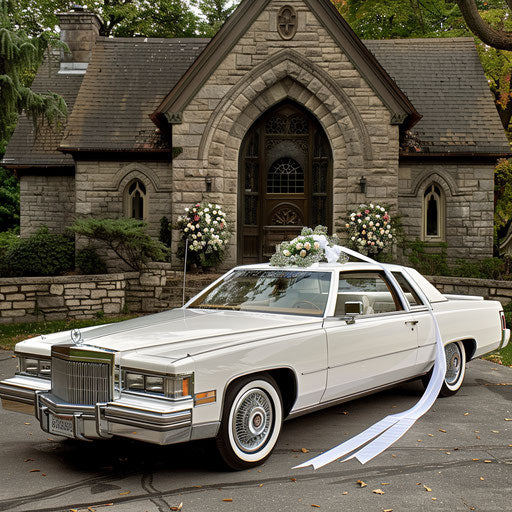 Sophisticated wedding car in front of picturesque chapel