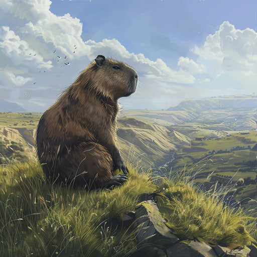 Capybara on grassy hill panoramic view valley