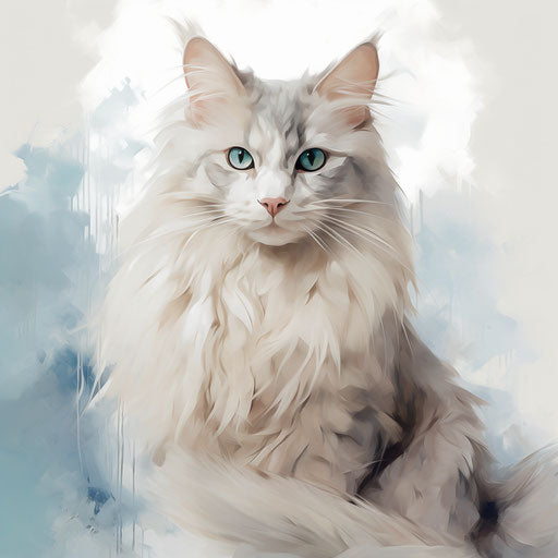 Cat sitting on grey background, light beige and sky-blue style