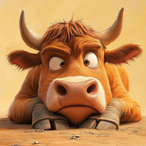 Humorous caricature of a cow with human characteristics