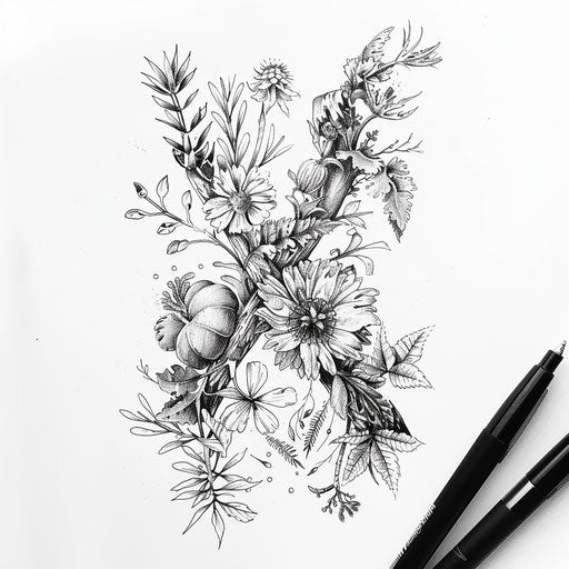 Botanical xo tattoo sketch with illustrations and foliage