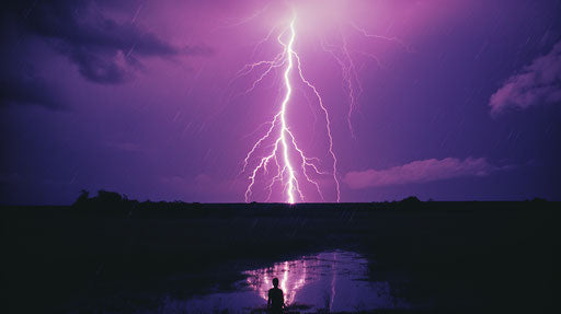 Purple lightning in the sky in 35mm film style
