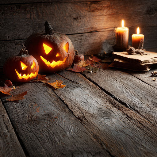 Weathered Table with Glowing Jack-o'-Lanterns and Candles