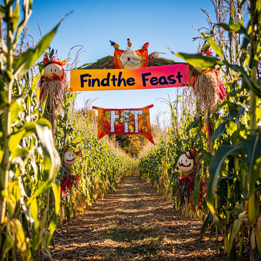 Whimsical corn maze entrance adorned with bright fall banners, scarecrows, and a sign that says 'Find the Feast'