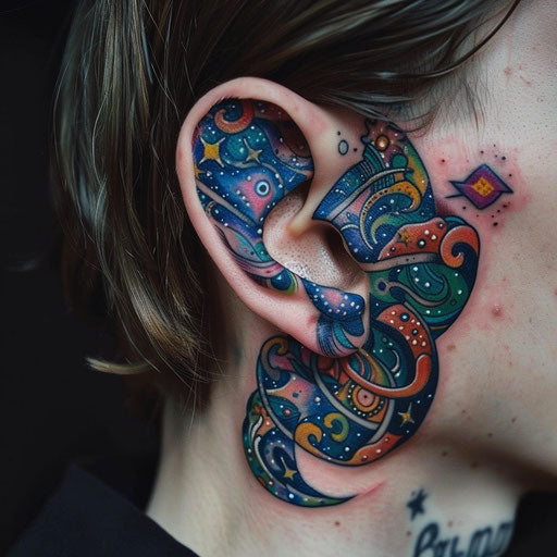 Ear tattoos in the style of Guy Aitchison with cosmic, colorful patterns