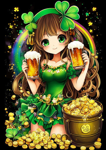 St. Patrick's Day t-shirt design with anime girl in green, holding two mugs of beer, standing next to gold coins with a rainbow