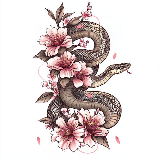 Flat tattoo sketch of a snake with cherry blossoms in Japanese traditional style