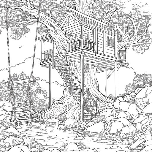 Detailed treehouse nestled in an ancient tree with ladders and swings