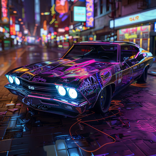 Cyberpunk-style 1969 Chevrolet Chevelle SS with digital graffiti and high-tech enhancements