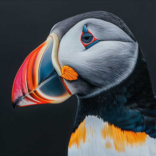 Colorful close-up of a puffin's beak, in Vincent Munier's style