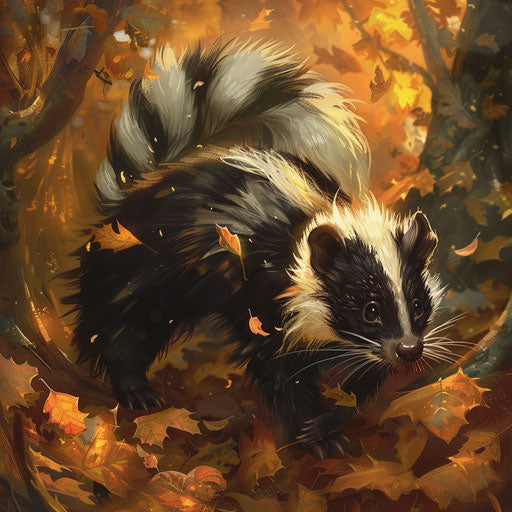 A skunk exploring a forest floor covered in autumn leaves in the style of Aaron Blaise