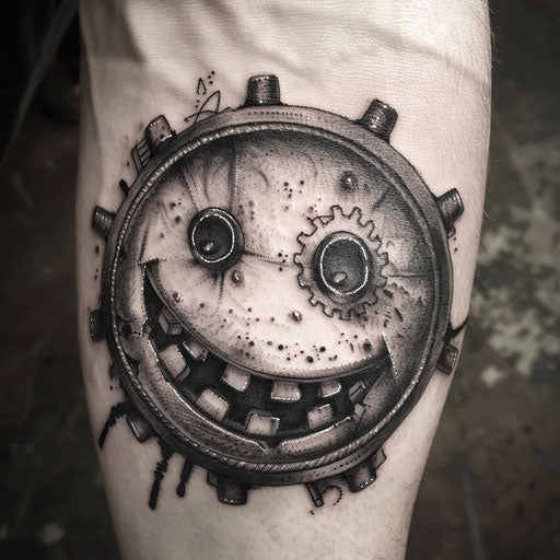 Steampunk-inspired smiley face tattoo, metallic gears on white