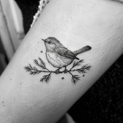 Tranquil flat tattoo sketch of a robin sitting on a snowy branch