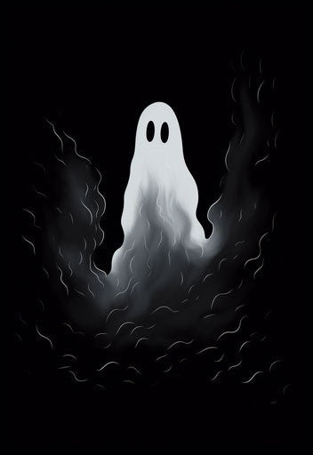 A ghost in an outline format, emphasis on negative space, light gray and black, surprisingly absurd
