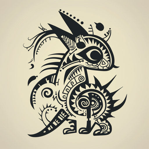Whimsical flat tattoo sketch of neo tribal animals in a playful, stylized form