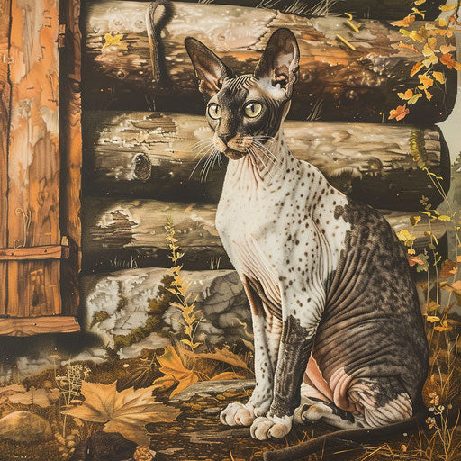 Cornish rex cat sitting in front of a log cabin