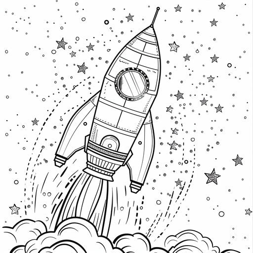 Rocket ship blasting off into space with stars. Coloring book page