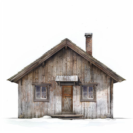 Realistic cabin clipart on flat white background, soft textures