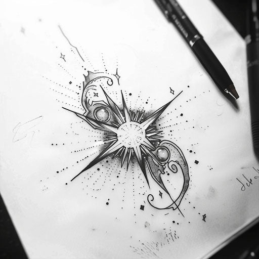 Energetic flat tattoo sketch of a bursting star with elements of dreams escaping