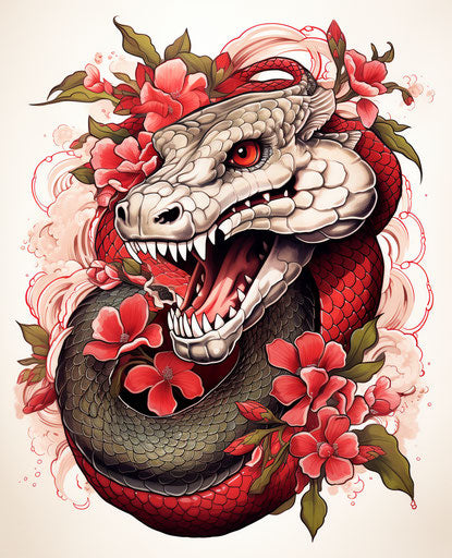 Snake tattoo in various styles, traditional Japanese design