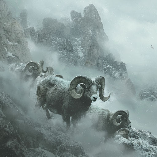 Bighorn sheep in a surreal misty mountain landscape