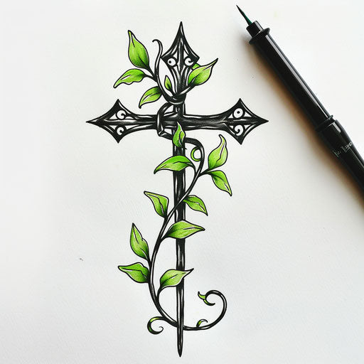 Cross with vine, green and black ink tattoo design on white background