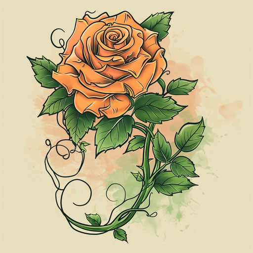 Eco-themed tattoo sketch of an amber rose with leaves and vines in green