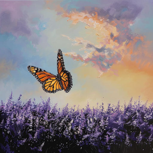 Monarch butterfly in breeze over field of lavender