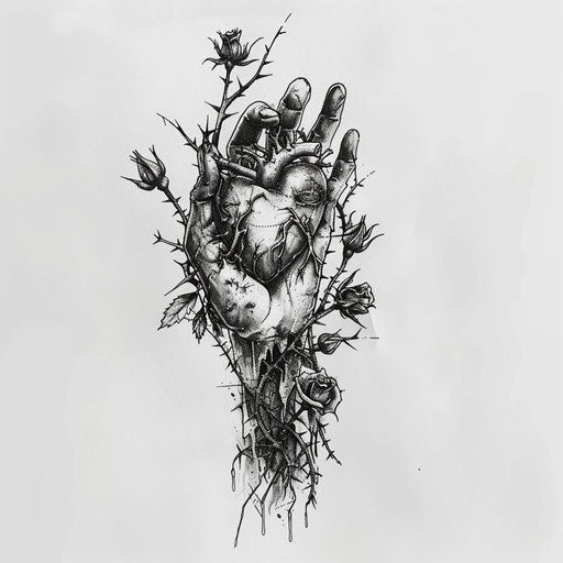 Flat tattoo sketch of a vampire's hand clutching a heart, with thorns and roses entwined