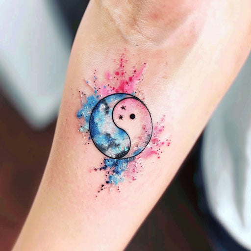 Watercolor yin and yang tattoo with blue and pink colors