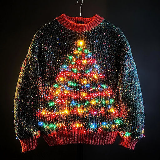 Ugly sweater with glittering Christmas tree and lights