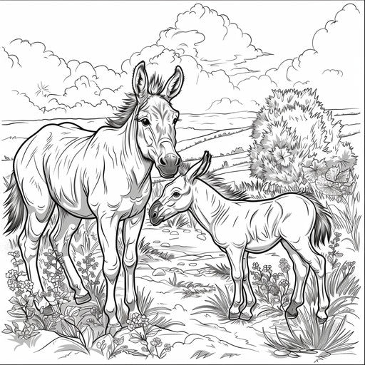 Playful donkey and foal in a grassy field