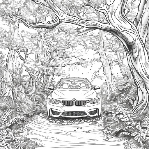BMW car in a magical forest with enchanted elements