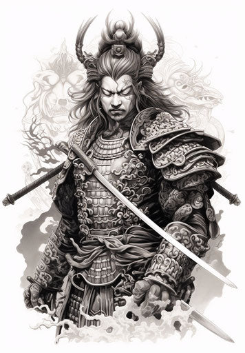 Japanese samurai tattoo design, kinetic pointillism style